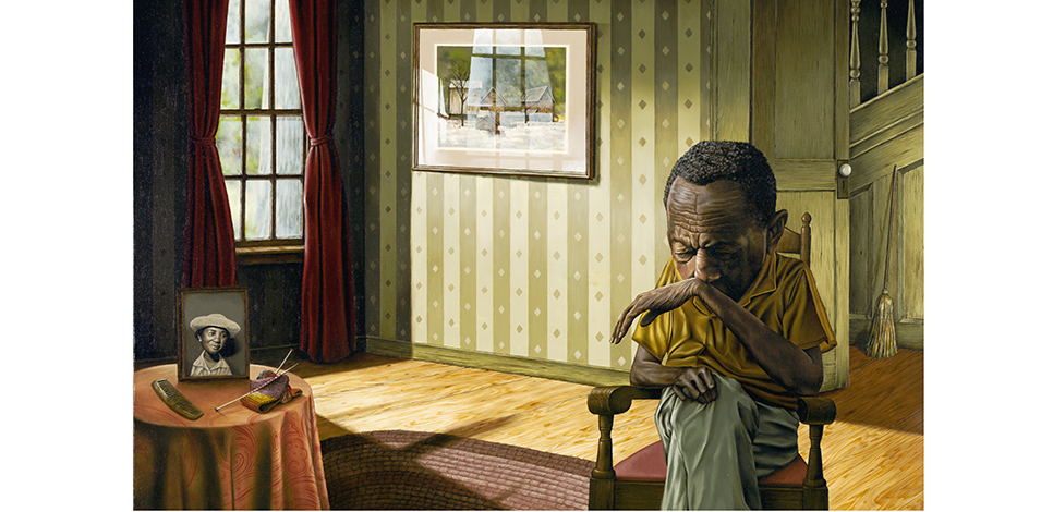 a painting of a man sitting alone in a room